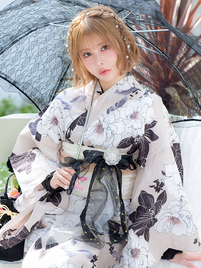 浴衣 ベージュ地 牡丹柄 ガーリー ゆかた2点SET のイメージ画像4