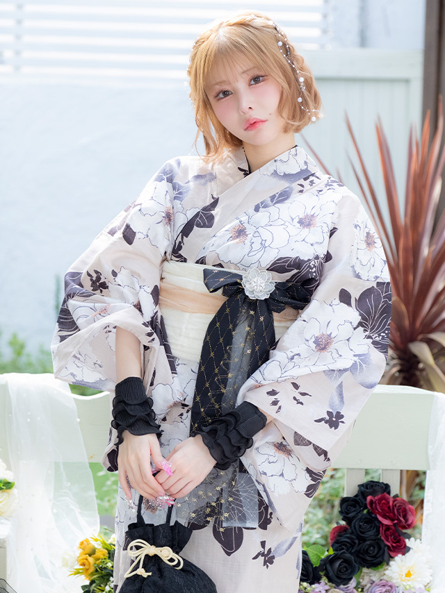 浴衣 ベージュ地 牡丹柄 ガーリー ゆかた2点SET のイメージ画像5