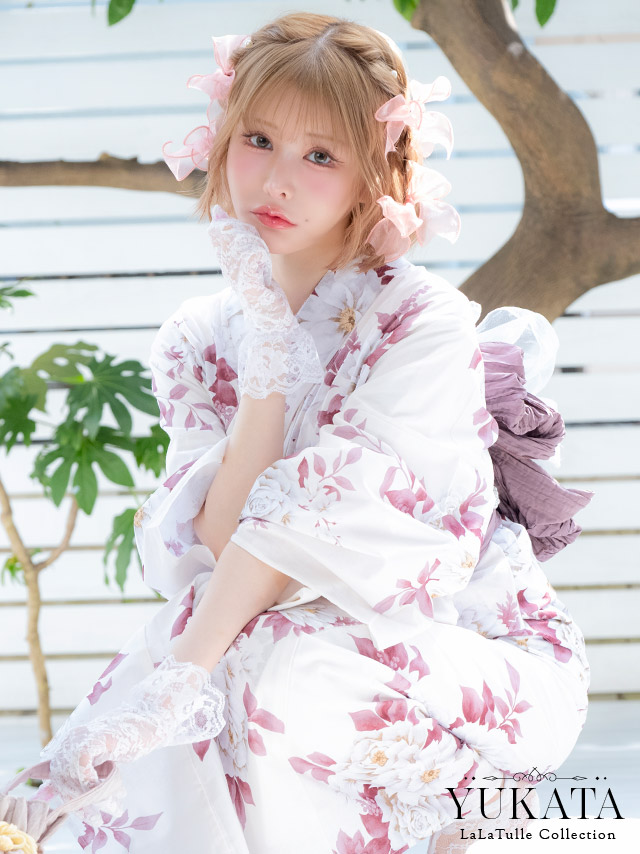 浴衣 白地 牡丹柄 ガーリー ゆかた3点SETのイメージ画像1