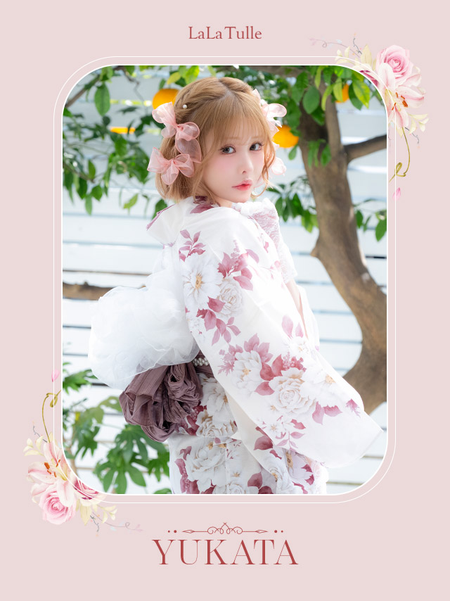 浴衣 白地 牡丹柄 ガーリー ゆかた3点SETのイメージ画像2