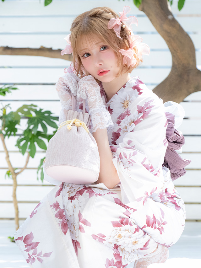 浴衣 白地 牡丹柄 ガーリー ゆかた3点SETのイメージ画像5