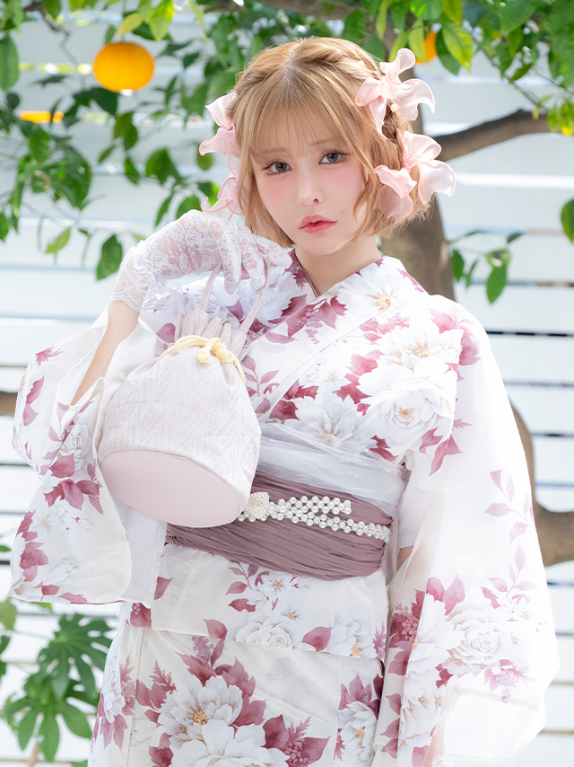 浴衣 白地 牡丹柄 ガーリー ゆかた3点SETのイメージ画像6