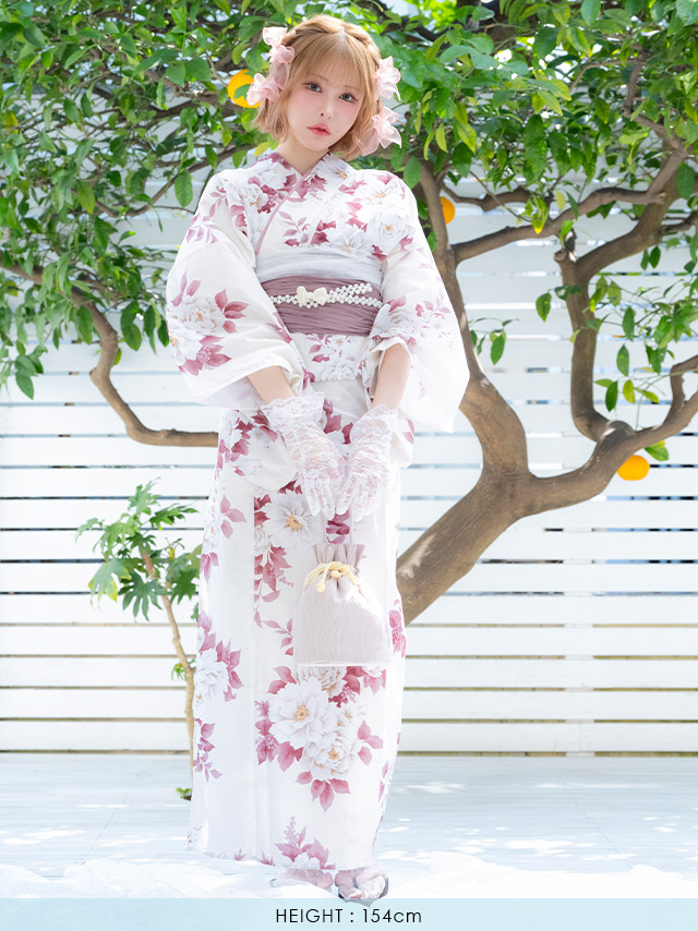 浴衣 白地 牡丹柄 ガーリー ゆかた3点SETのイメージ画像8
