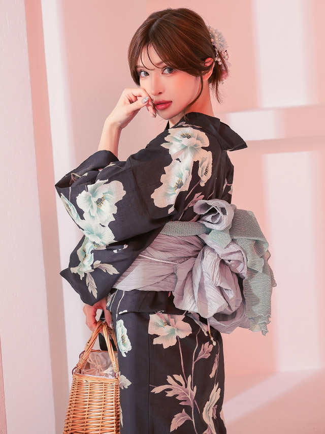 浴衣 ダークグレー フラワー 妖艶 ゆかた2点SET のイメージ画像3