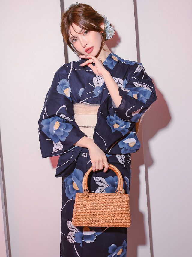浴衣 紺地 椿 妖艶 クリーム色 ゆかた2点SE のイメージ画像3