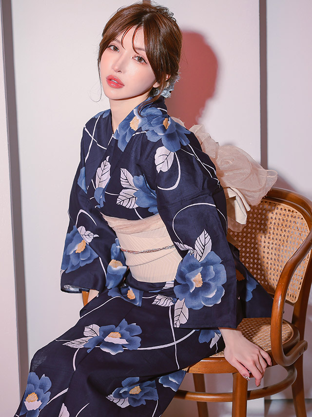 浴衣 紺地 椿 妖艶 クリーム色 ゆかた2点SE のイメージ画像4