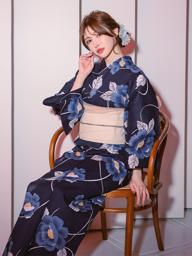 浴衣 紺地 椿 妖艶 クリーム色 ゆかた2点SE のイメージ画像6