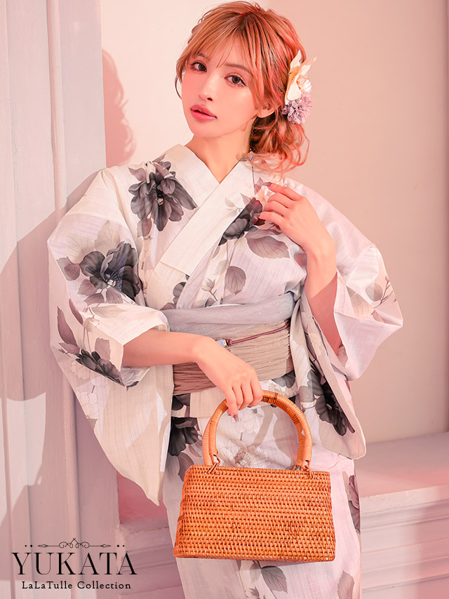 浴衣 生成り地 水彩アネモネ柄 モノトーンモダン フェミニン ゆかた2点SETのイメージ画像1
