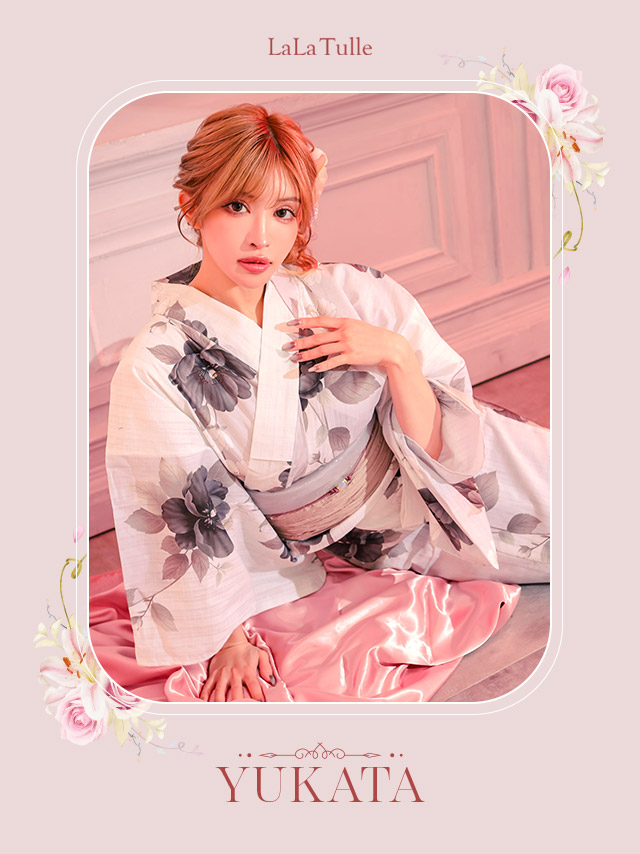浴衣 生成り地 水彩アネモネ柄 モノトーンモダン フェミニン ゆかた2点SETのイメージ画像2