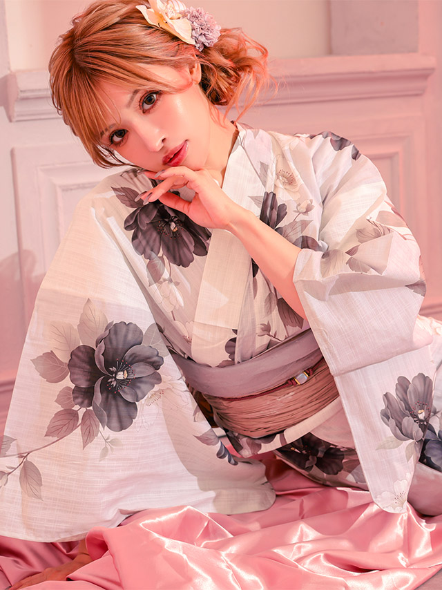 浴衣 生成り地 水彩アネモネ柄 モノトーンモダン フェミニン ゆかた2点SETのイメージ画像4