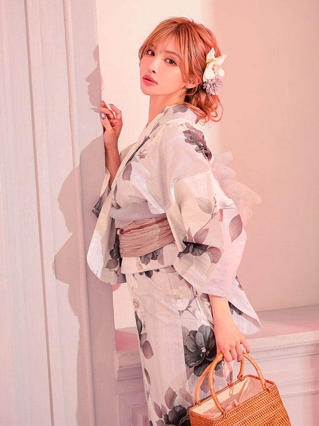 浴衣 生成り地 水彩アネモネ柄 モノトーンモダン フェミニン ゆかた2点SETのイメージ画像5