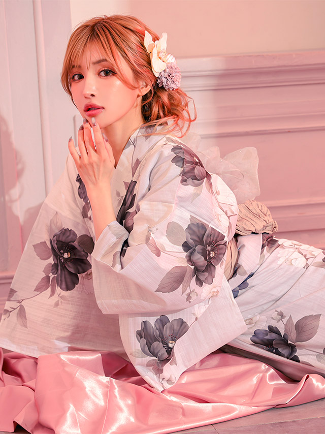 浴衣 生成り地 水彩アネモネ柄 モノトーンモダン フェミニン ゆかた2点SETのイメージ画像6
