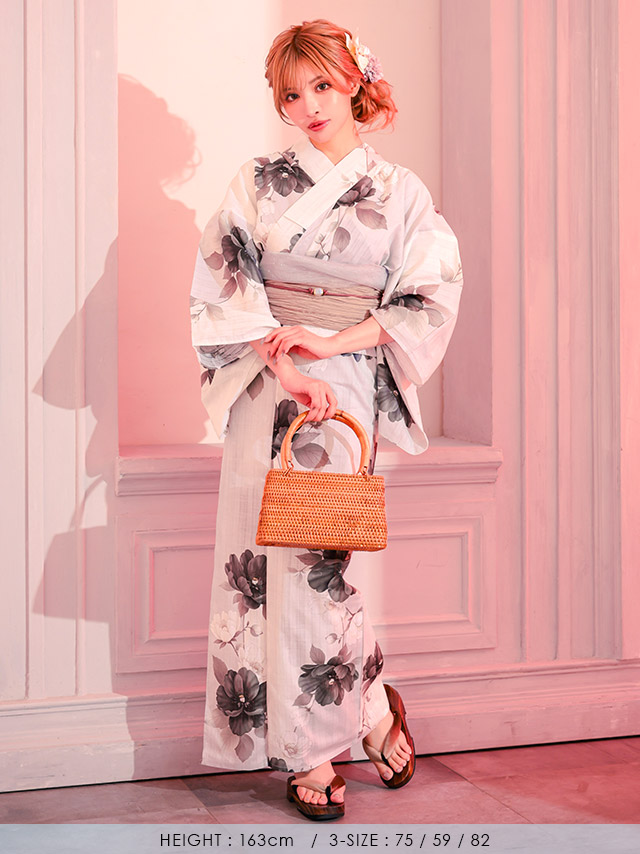 浴衣 生成り地 水彩アネモネ柄 モノトーンモダン フェミニン ゆかた2点SETのイメージ画像8