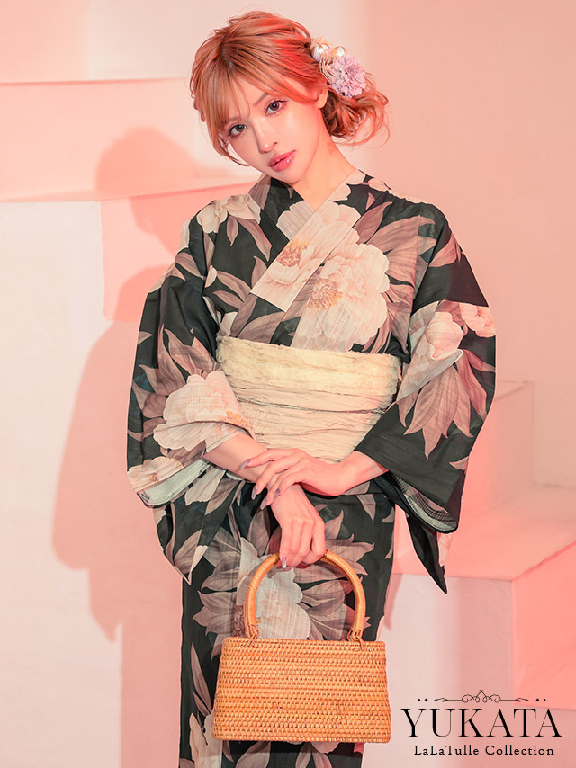 浴衣 水彩牡丹柄 黒地 ニュアンス モダン ゆかた2点SETのイメージ画像1