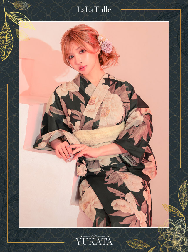 浴衣 水彩牡丹柄 黒地 ニュアンス モダン ゆかた2点SETのイメージ画像2