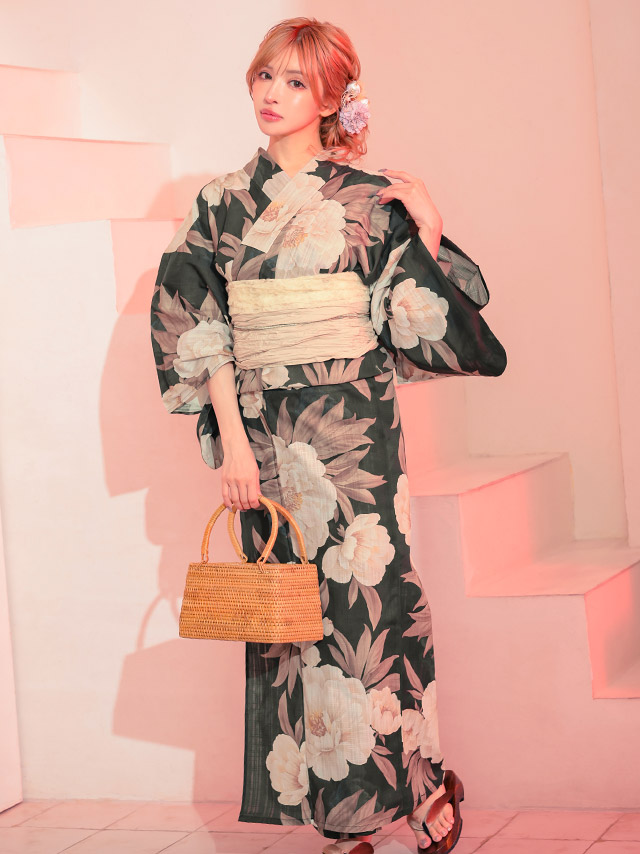 浴衣 水彩牡丹柄 黒地 ニュアンス モダン ゆかた2点SETのイメージ画像5