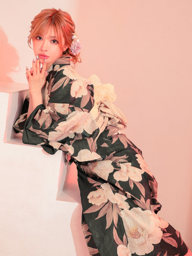 浴衣 水彩牡丹柄 黒地 ニュアンス モダン ゆかた2点SETのイメージ画像6