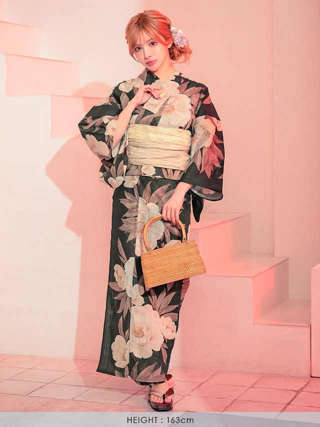 浴衣 水彩牡丹柄 黒地 ニュアンス モダン ゆかた2点SETのイメージ画像8