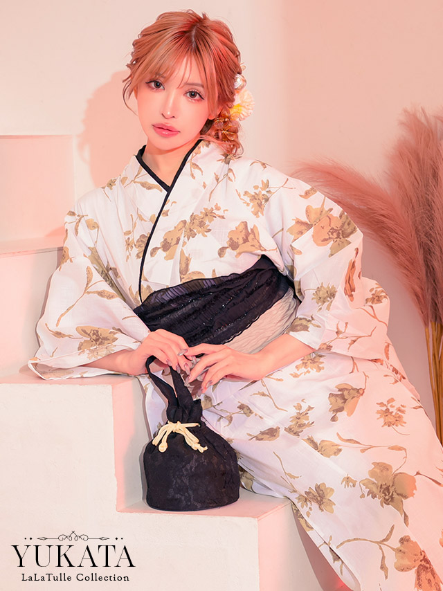 浴衣 白地 水彩ニュアンスフラワー柄 セピアモダン ゆかた2点SETのイメージ画像1