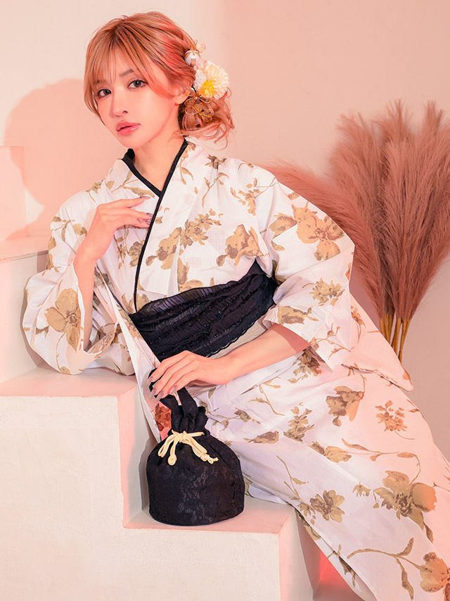 浴衣 白地 水彩ニュアンスフラワー柄 セピアモダン ゆかた2点SETのイメージ画像3