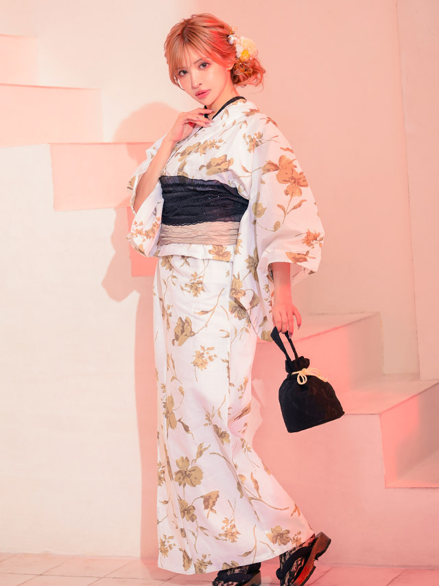 浴衣 白地 水彩ニュアンスフラワー柄 セピアモダン ゆかた2点SETのイメージ画像5