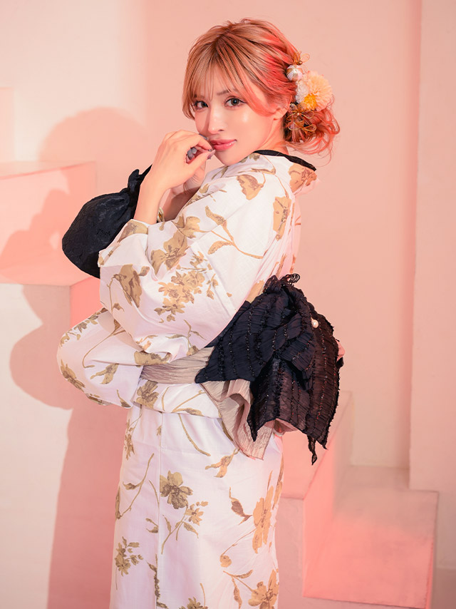浴衣 白地 水彩ニュアンスフラワー柄 セピアモダン ゆかた2点SETのイメージ画像6