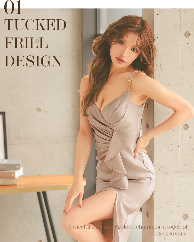 フリル スリット オープンバスト タックデザイン セクシー キャミソール チェーン 膝丈ドレス