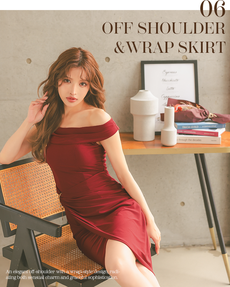 2way ウエストチャーム オフショルダー ワンカラー ラップ風 膝丈ドレス