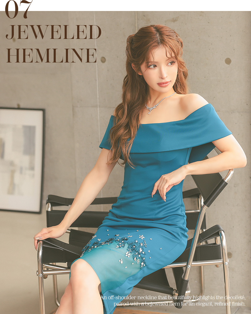 オフショルダー フラワーレース ビジュー シアー切替 エレガント 膝丈ドレス