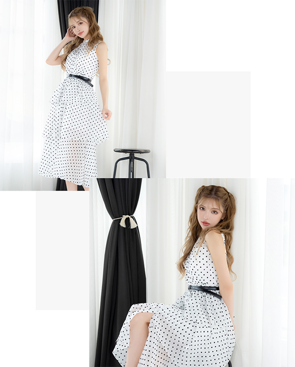 ティアード ベルト付き ドット柄 オーガンジー ガーリー ノースリーブ Aラインロングドレス