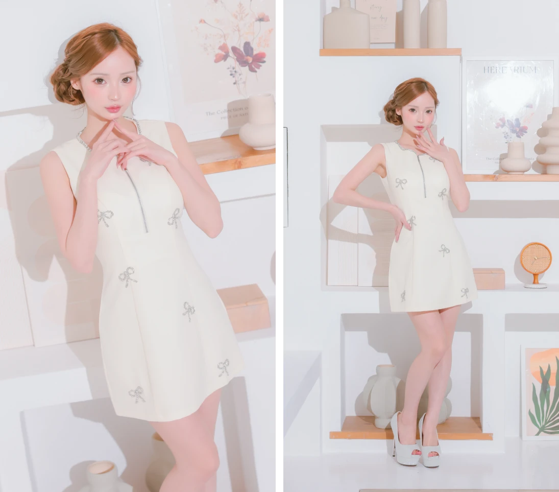 ジップデザイン ノースリーブ ビジュー リボン フレアミニドレス2枚目