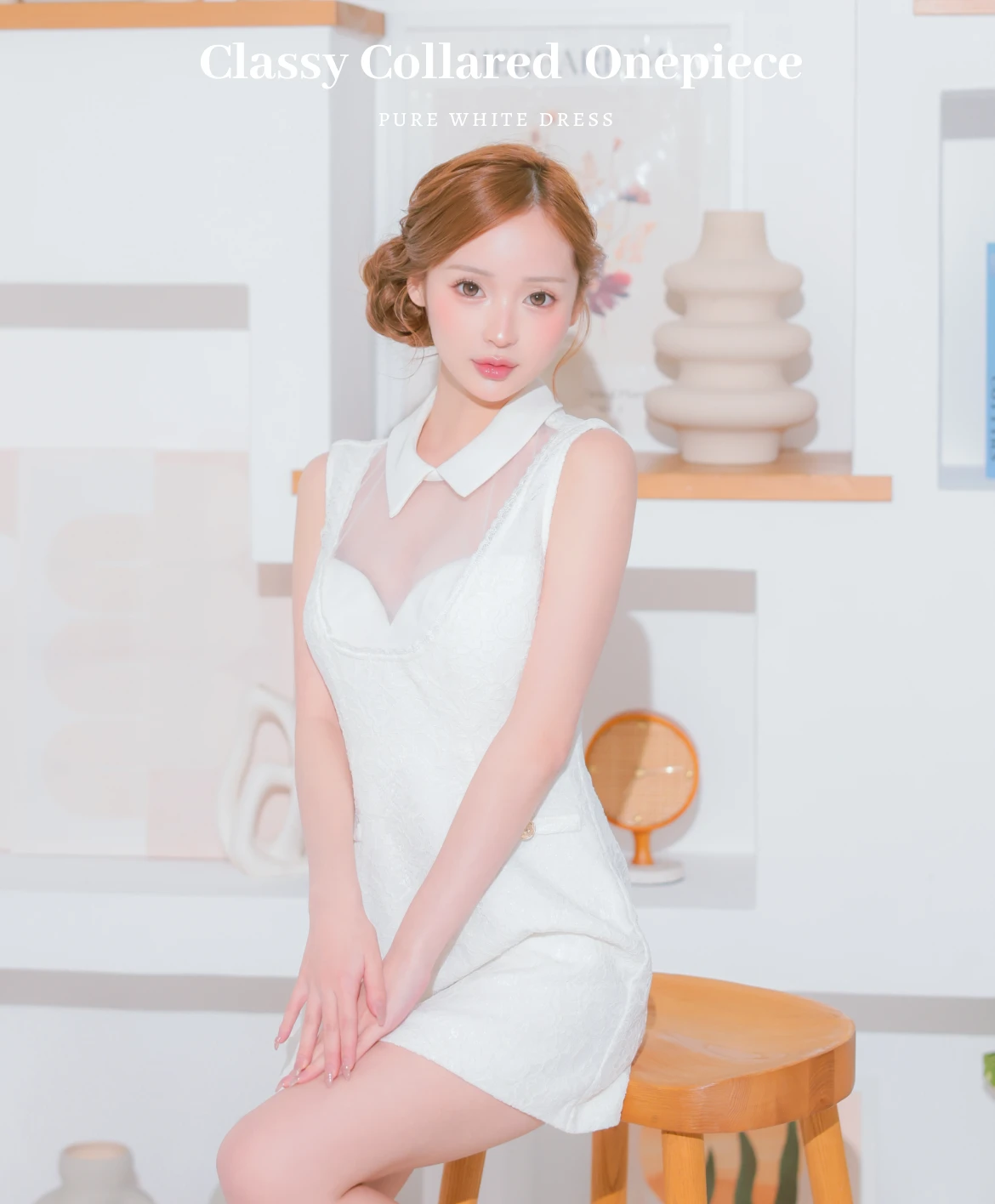 襟付き デコルテレース ノースリーブ ゴールドボタン シースルー タイトミニドレス