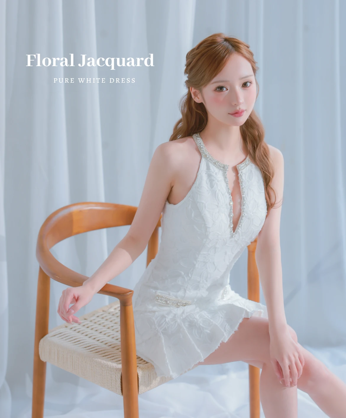 ガーリー プリーツ フラワージャガード ホルターネック フレアミニドレス