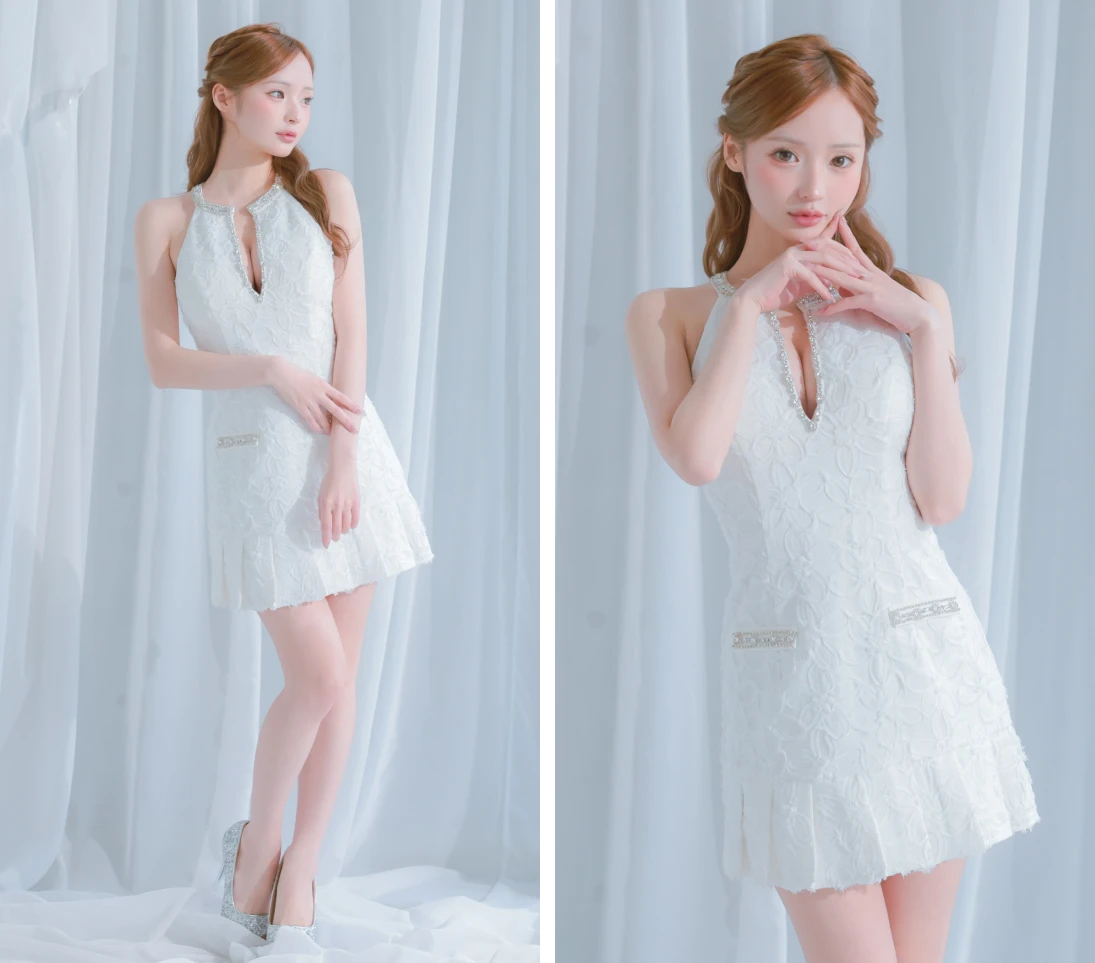 ガーリー プリーツ フラワージャガード ホルターネック フレアミニドレス2枚目