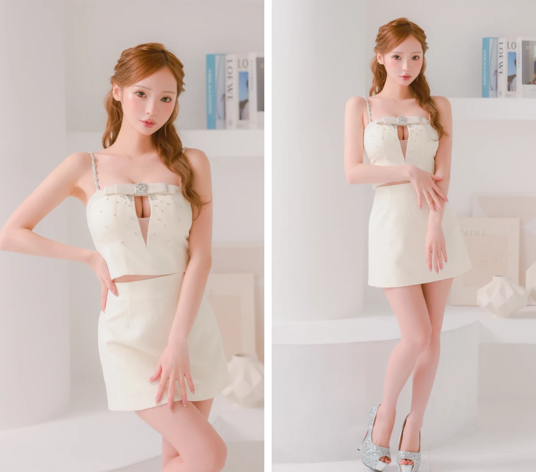 バストリボン ガーリー キャミソール ビジュー セットアップ タイトミニドレス2枚目