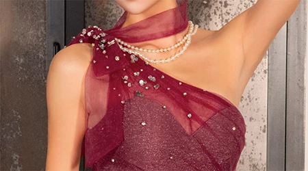 ワンショルダー シアー ネックパール ショルダーリボン ウエストカット ビジュー メッシュ タイトミニドレス2枚目