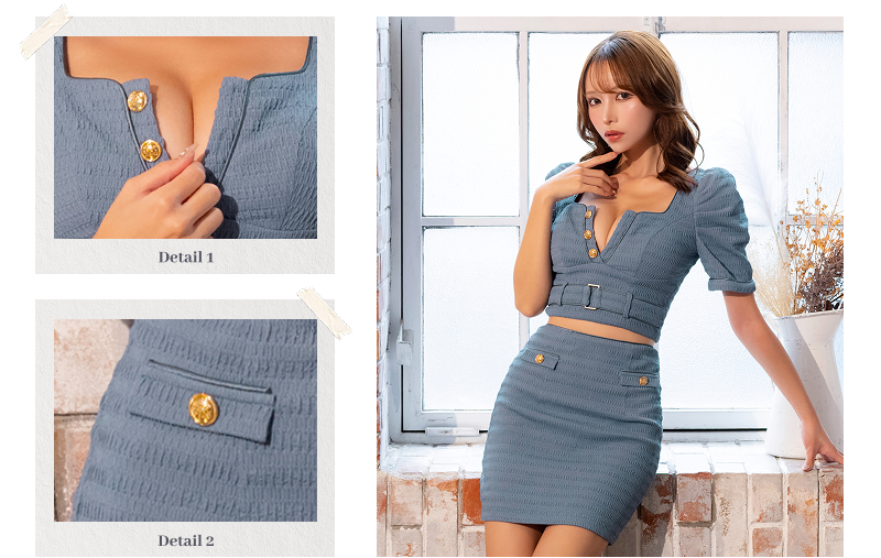 ワッフル セットアップ セクシー 半袖 ベルトデザイン オープンバスト フロントボタン タイトミニドレス2枚目