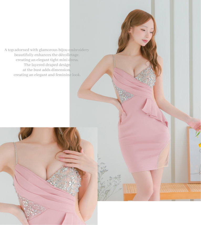 キャミソール くびれ透け セクシー ウエストフリル オープンバスト ビジュー タイトミニドレス2枚目