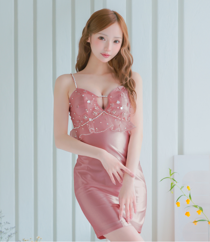 フラワーデザイン キャミソール 2way ビジュー ベアトップ フェミニン フリル パール タイトミニドレ