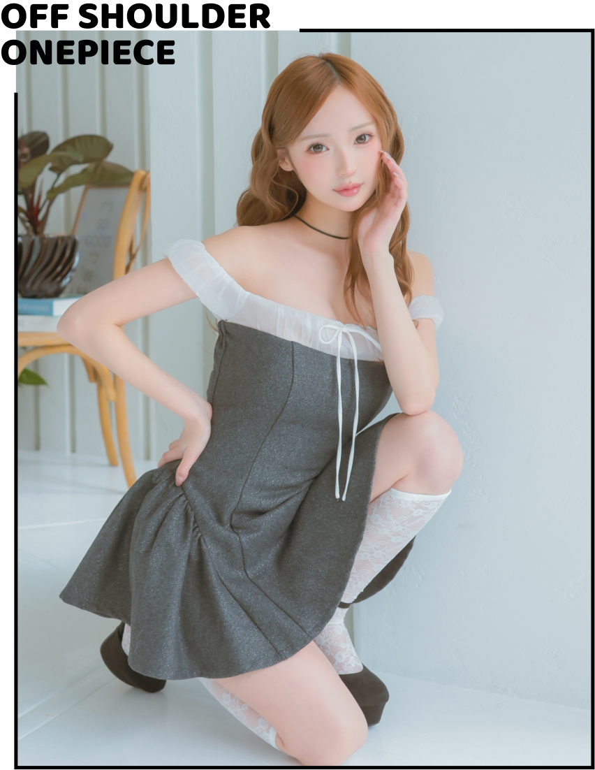 ガーリー グリッター オフショルダー シフォン リボン フレアミニドレス