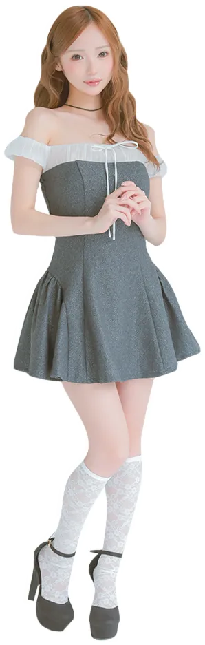 ガーリー グリッター オフショルダー シフォン リボン フレアミニドレス2枚目