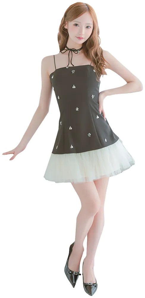 リボンチョーカー付き キャミソール スタッズ チュール フレアミニドレス3枚目