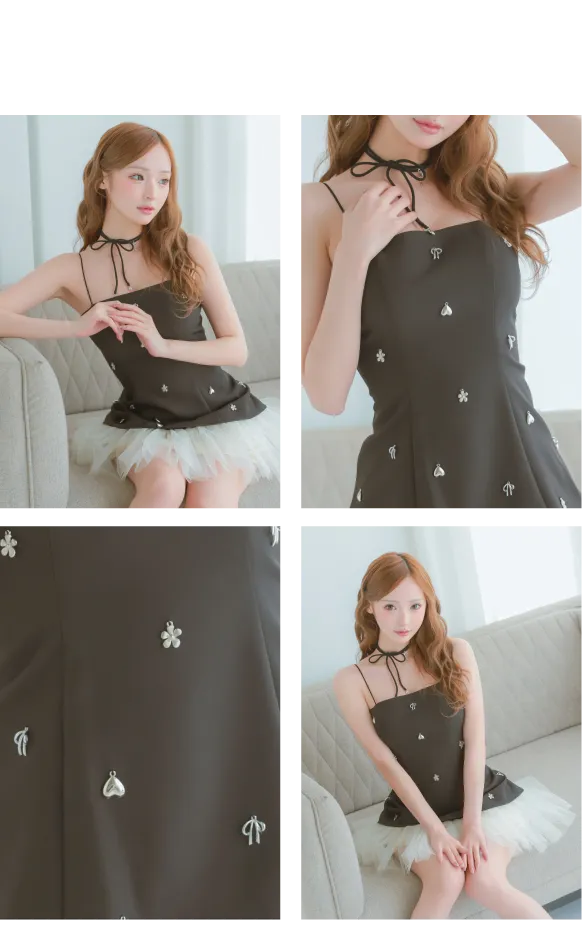 リボンチョーカー付き キャミソール スタッズ チュール フレアミニドレス2枚目