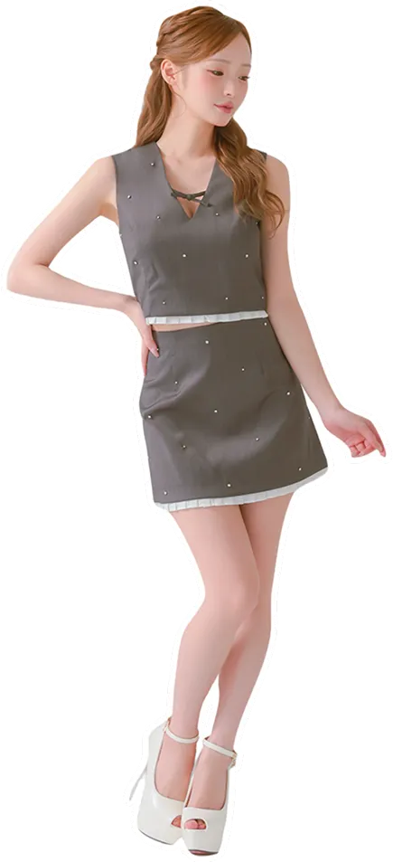 ノースリーブ バストリボン セットアップ ストーン付き ガーリー フレアミニドレス2枚目