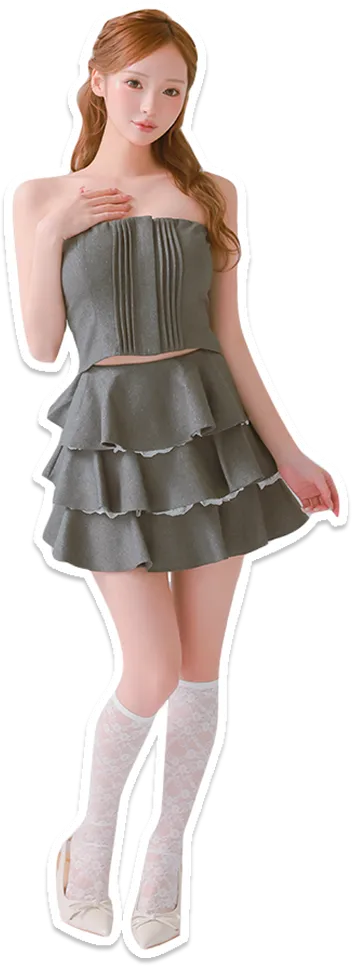 ティアードスカート ベアトップ セットアップ ジップデザイン フリル パイピング フレアミニドレス2枚目