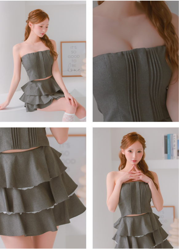 ティアードスカート ベアトップ セットアップ ジップデザイン フリル パイピング フレアミニドレス3枚目