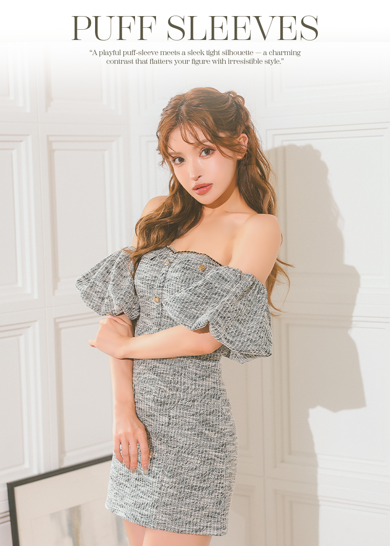 ROBE de FLEURS FM3269 パフスリーブ タイトシルエット 可愛くスタイルアップドレス