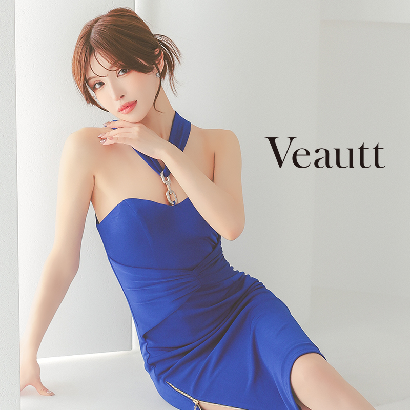 ウエストギャザー ジップデザイン セクシー ベアシルエット フロントチャーム オープンバスト ホルターネック 膝丈ドレス