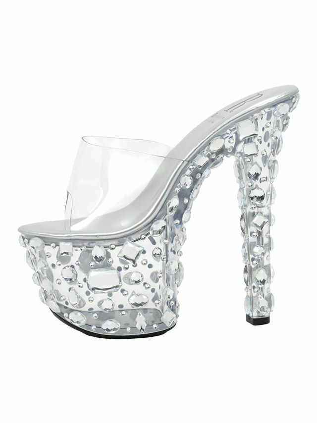 【Rechercher/ルシェルシェ】 ランダム ストーン ビジュー 厚底 クリア ヒール サンダル (シルバー)