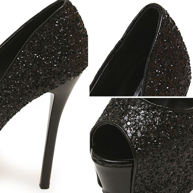【Rechercher/ルシェルシェ】グリッター キラキラハイヒール オープントゥ パンプス (ブラック)